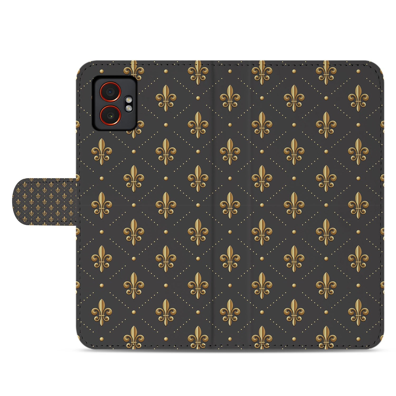 Book Case Samsung Galaxy Xcover 7 Pro Franse Lelie Bruin Goud designprint bovenaanzicht