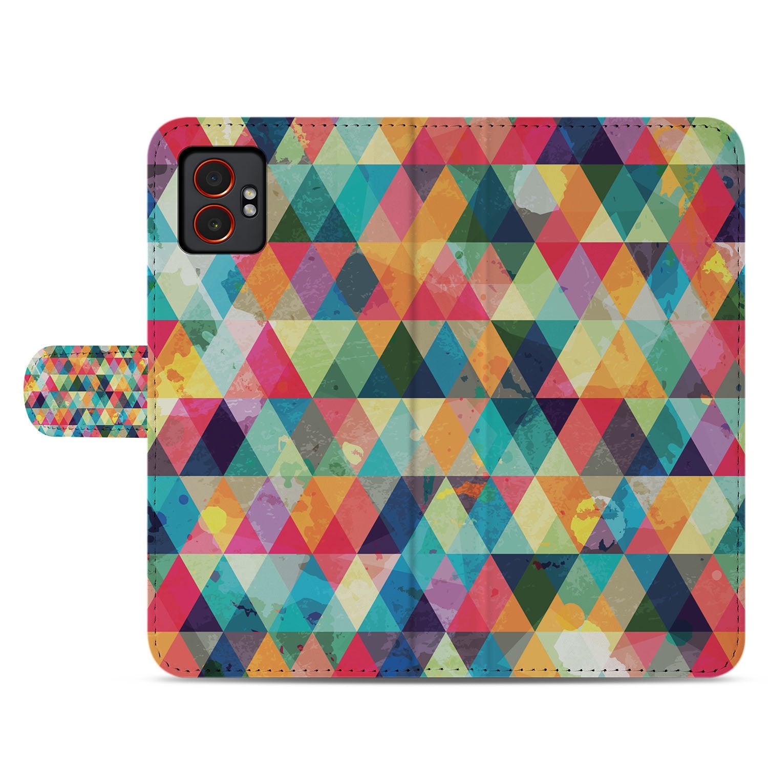 Geruit Met 3 Pasjes Samsung Galaxy Xcover 7 Pro Book Case design gekleurde driehoeken aanzicht