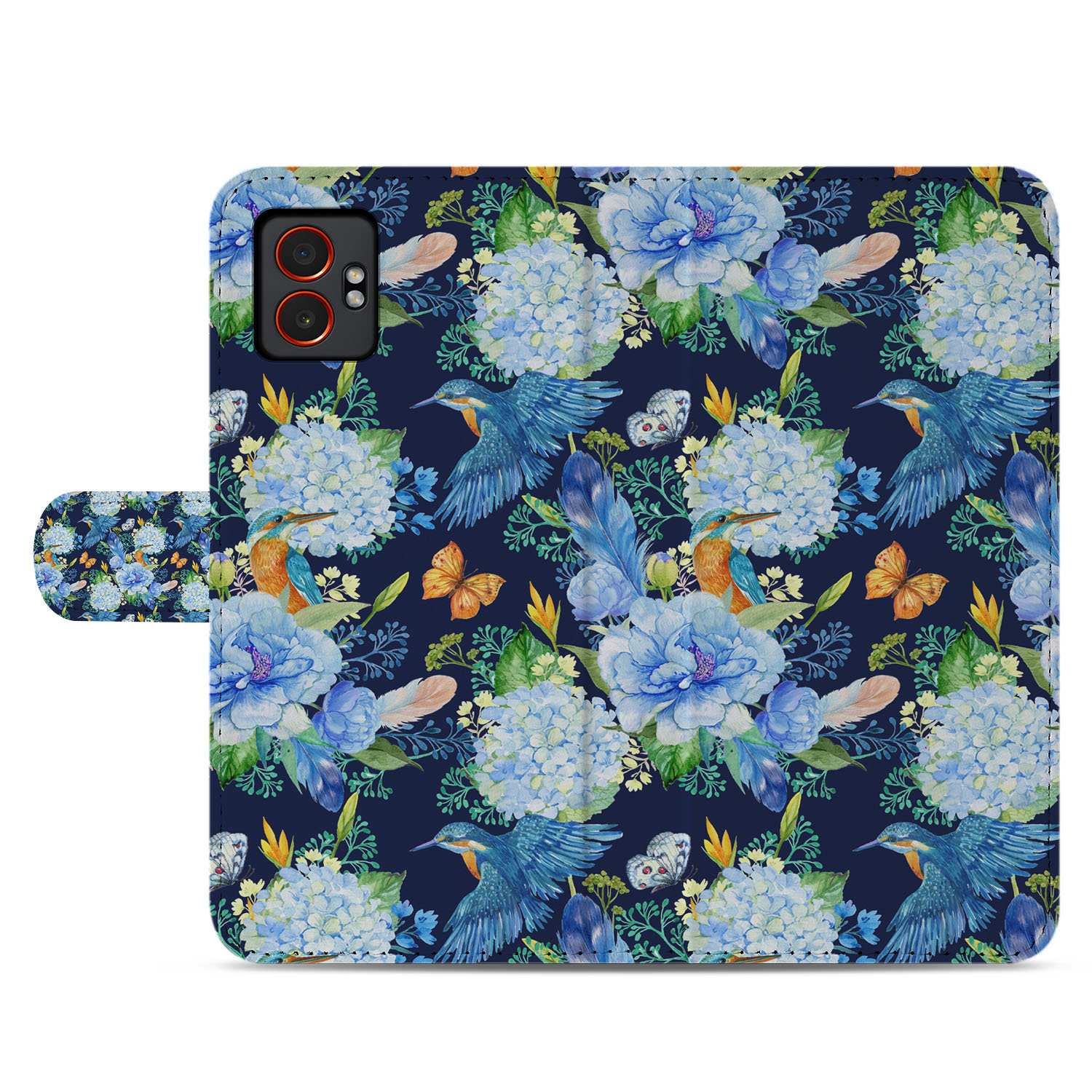 Book Case Samsung Galaxy Xcover 7 Pro Ijsvogel en Bloemen design voorzijde