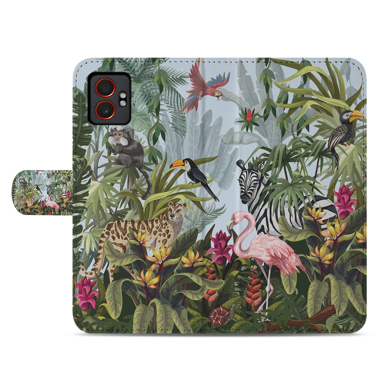 Samsung Galaxy Xcover 7 Pro Stijlvol Jungle Design Book Case met Pasjes Hoesje voorkant jungle-print dieren planten