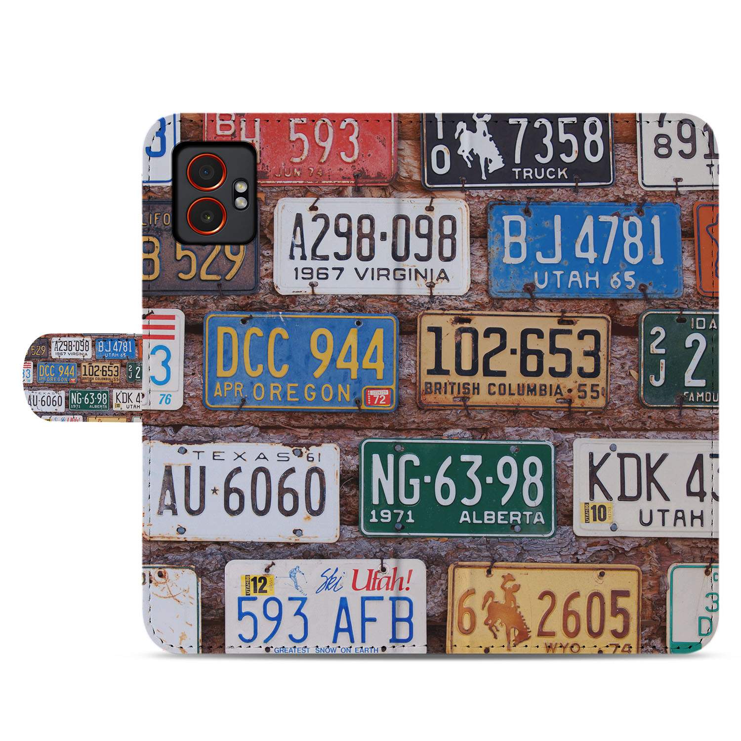 Samsung Galaxy Xcover 7 Pro Book Case Portemonnee Hoesje kentekenplaten collage design aanzicht