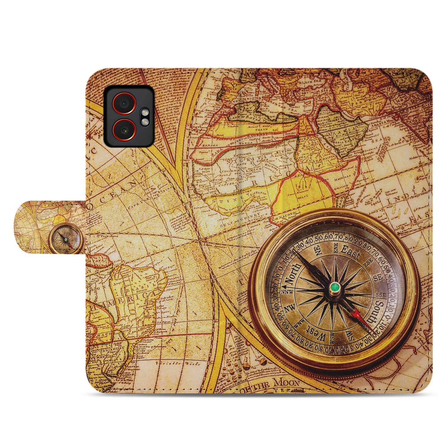 Kompas Geel Oranje Samsung Galaxy Xcover 7 Pro Bookcase Hoesje met Magnetische Sluiting en Avontuurlijk Design voorkant