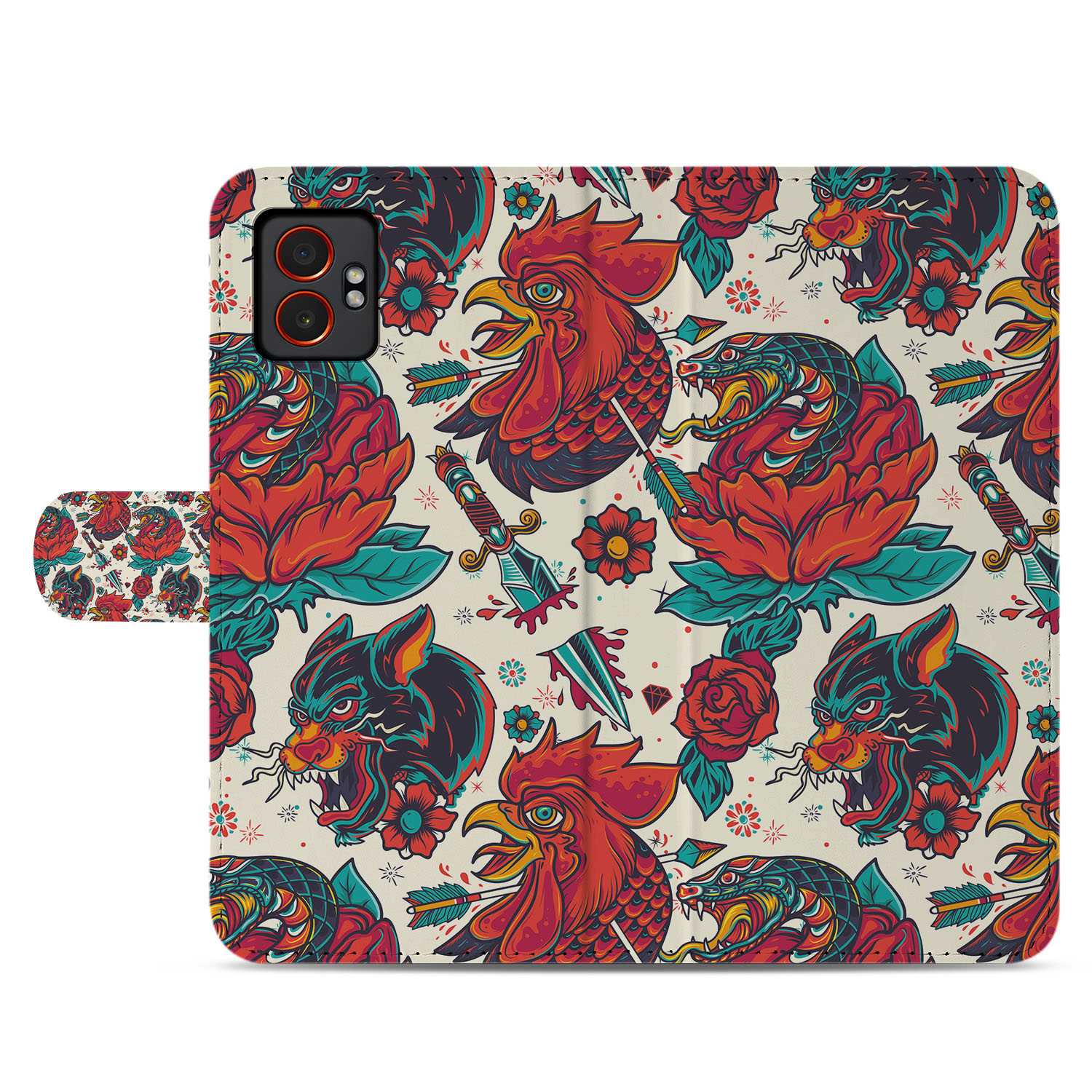 Old Skool Samsung Galaxy Xcover 7 Pro Bookcase Hoesje vintage tattoo design aanzicht