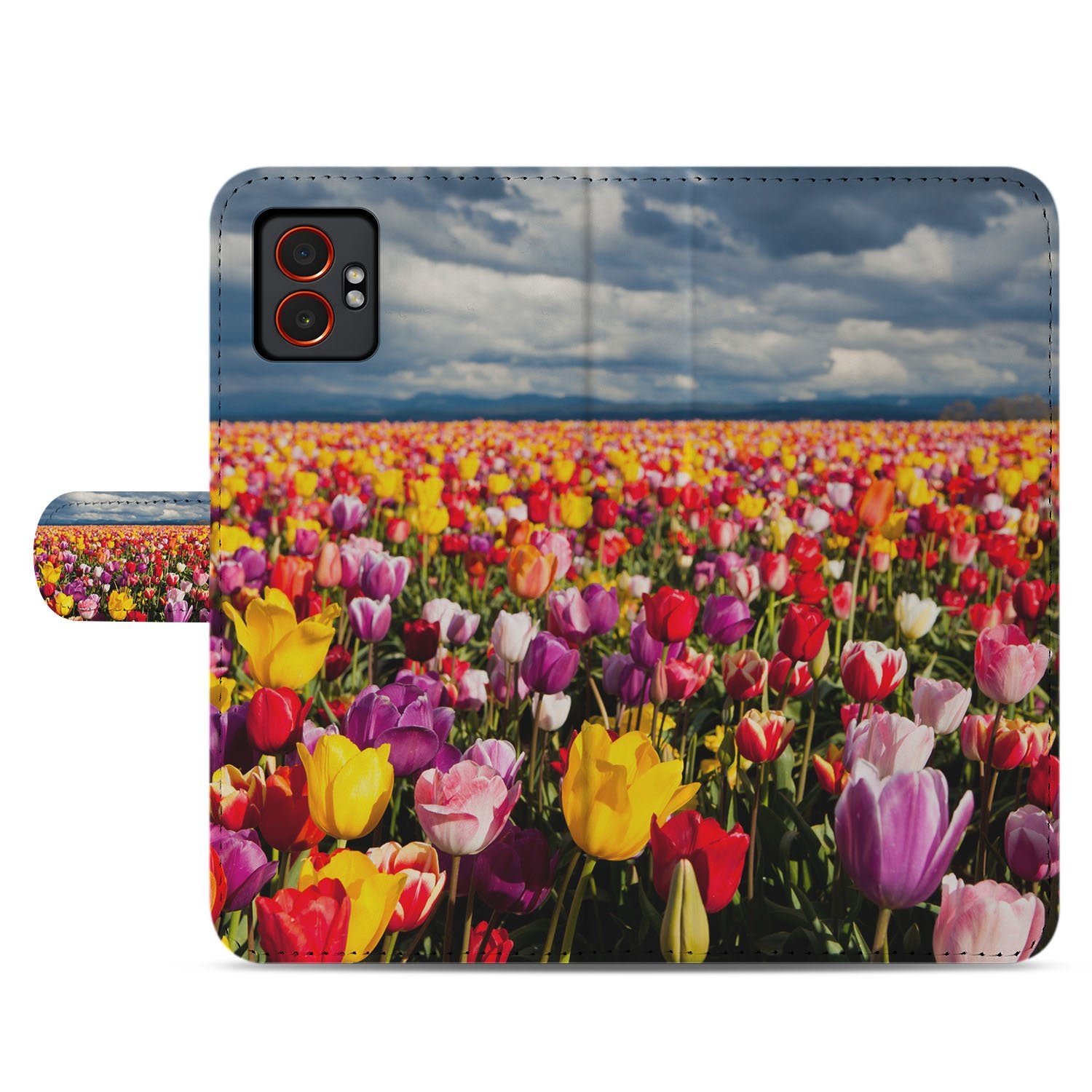 Samsung Galaxy Xcover 7 Pro Bookcase Hoesje met Tulpen Motief Kleurig Patroon Design bloemen kleurrijk voorzijde
