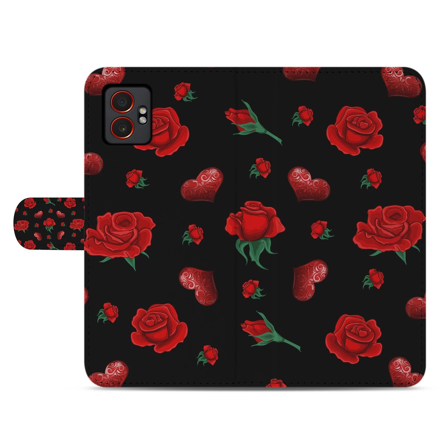 Samsung Galaxy Xcover 7 Pro Bookcase Hoesje Valentine rozen hartmotieven zwart design voorkant