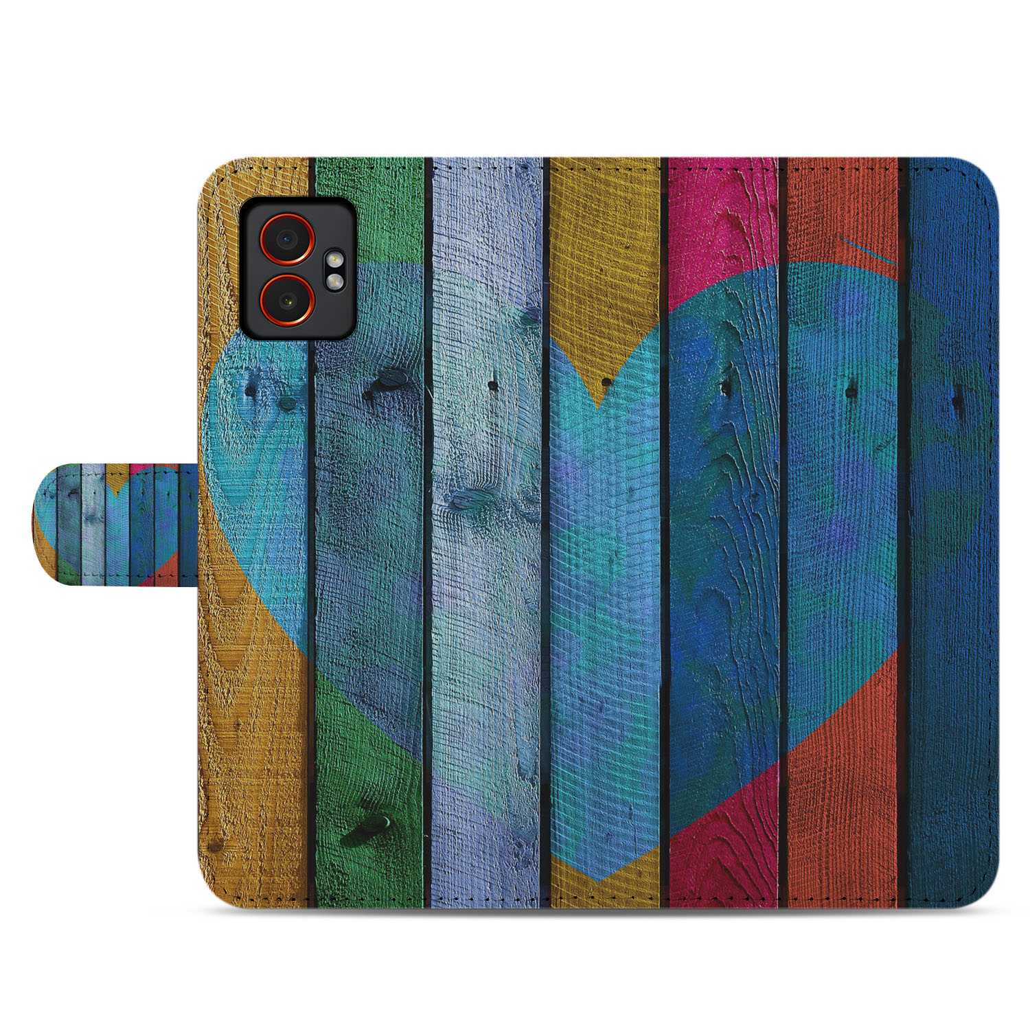 Samsung Galaxy Xcover 7 Pro Bookcase Hoesje Met Wood Heart Design houtkleurig hart design aanzicht