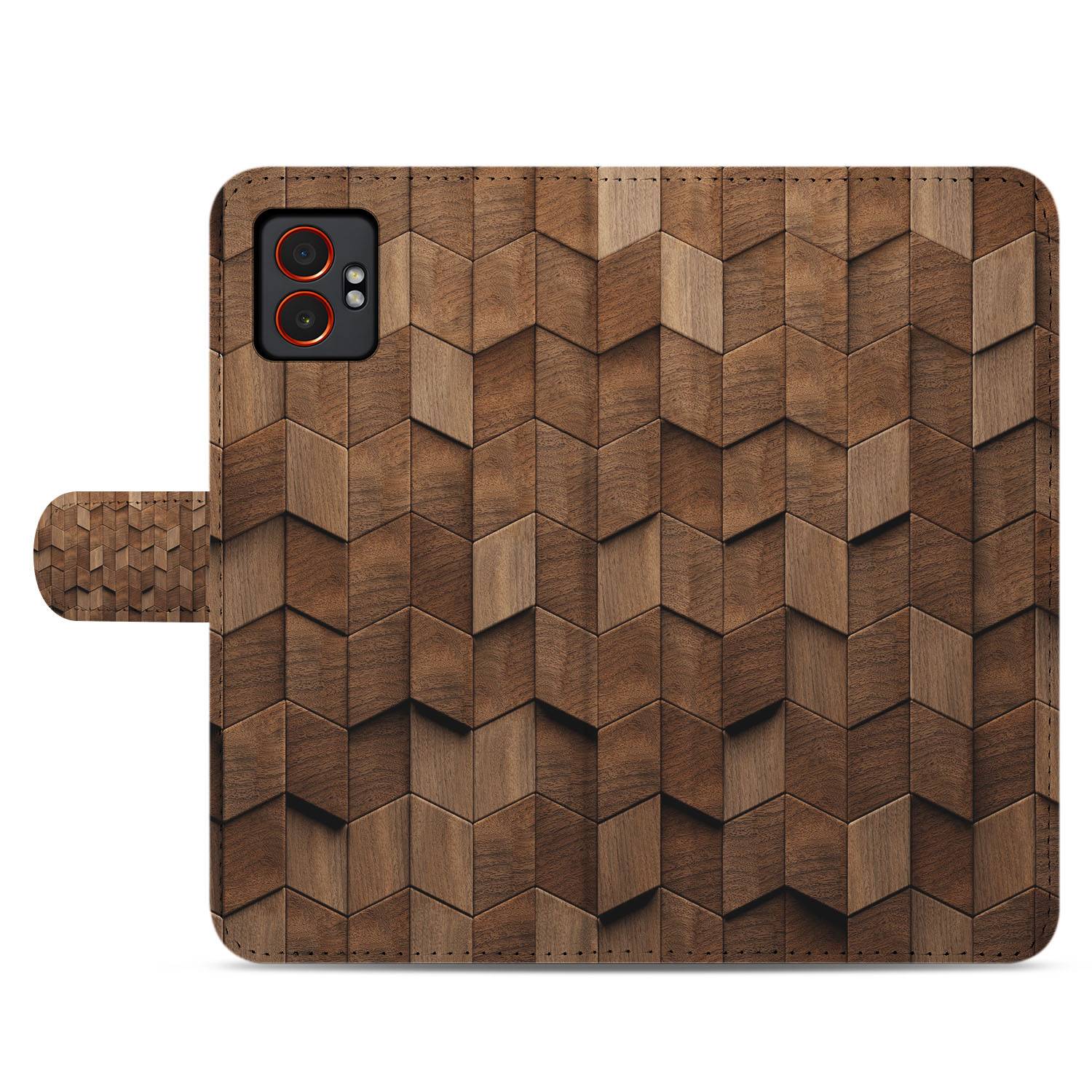 Samsung Galaxy Xcover 7 Pro Bookcase Hoesje Voor Samsung Galaxy Xcover 7 Pro Met Bruin Houtprint Kubusprint Design bruin houtprint