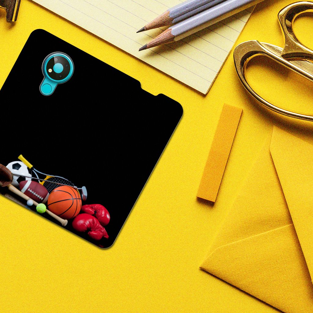 Nokia 3.4 Hippe Standcase Sports with sports equipment design on a colorful background.