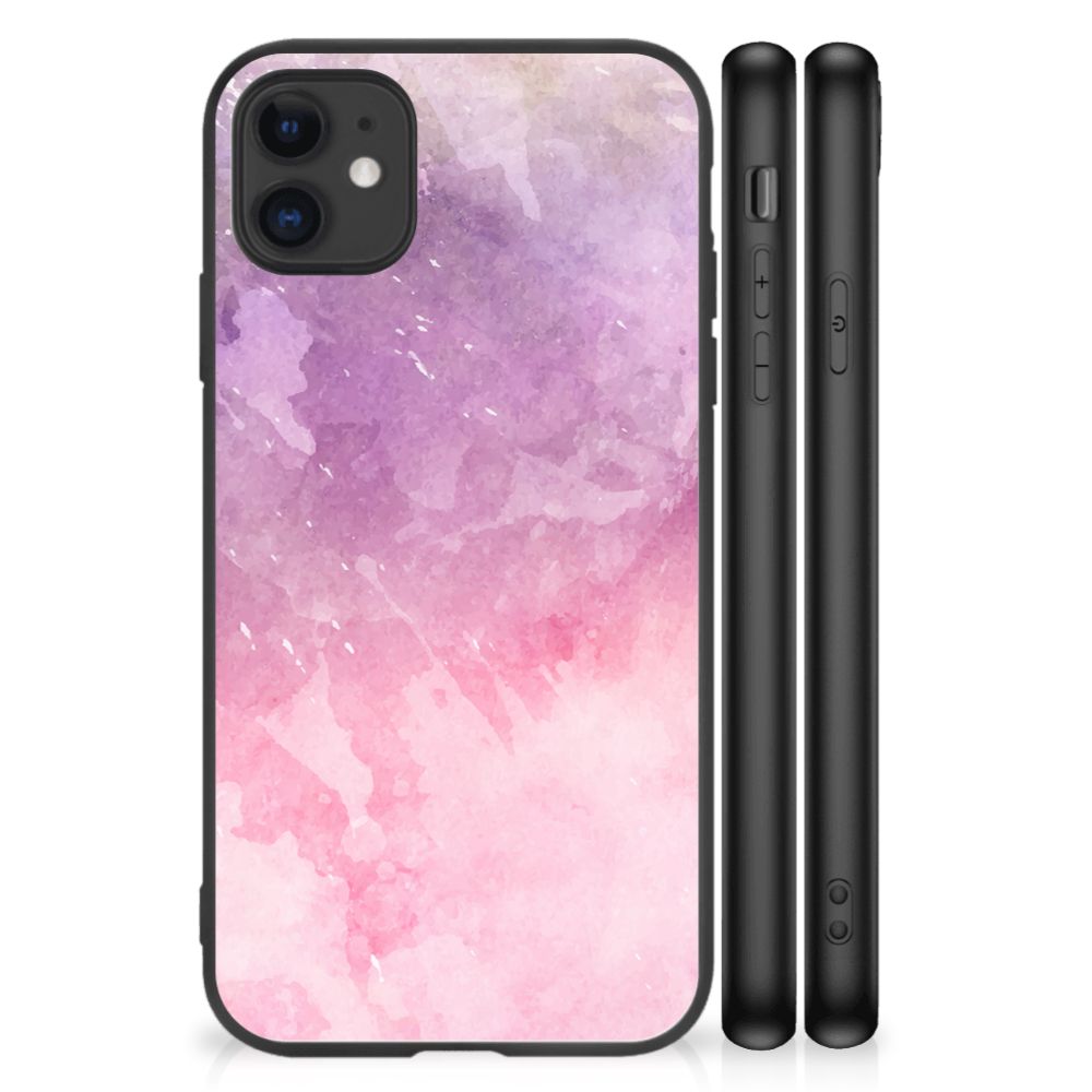 Kleurrijke Telefoonhoesje iPhone 11 Pink Purple Paint met watercoloring design en zwarte randen.