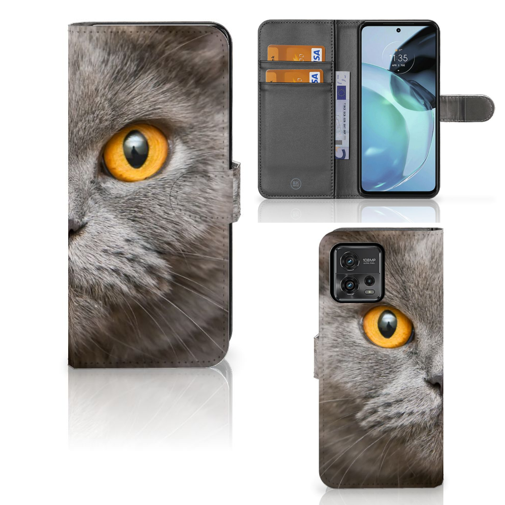 Telefoonhoesje met Pasjes Motorola Moto G72 Britse Korthaar met indrukwekkende kat en magnetisch lipje.