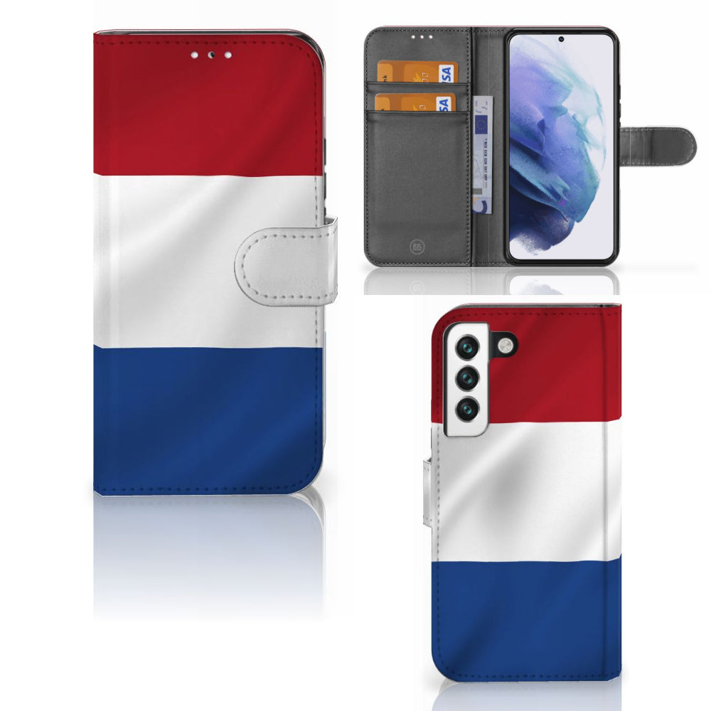 Samsung Galaxy S22 Bookstyle Case Nederlandse Vlag met pasjes, patriotisch design in Nederlandse kleuren.