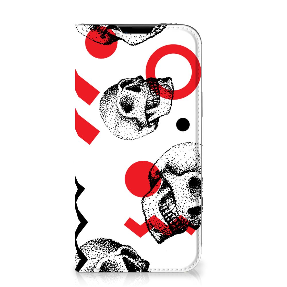 Mobiel BookCase Apple iPhone 14 Plus Skull Red met opvallende schedels en rode en witte patronen.