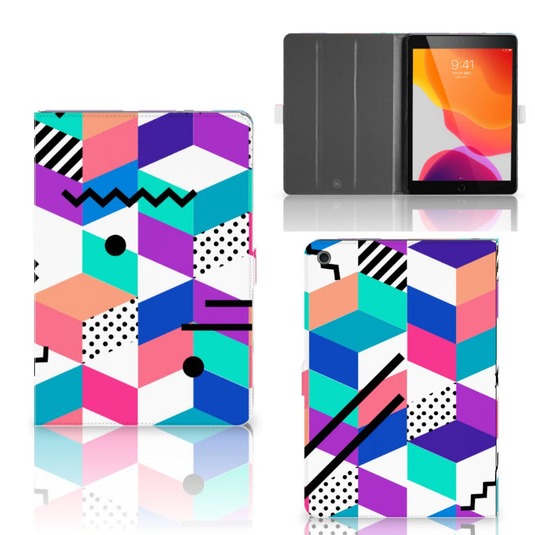 Tablet Beschermhoes Blokken Kleurrijk - collage met voor-, achter- en binnenkant