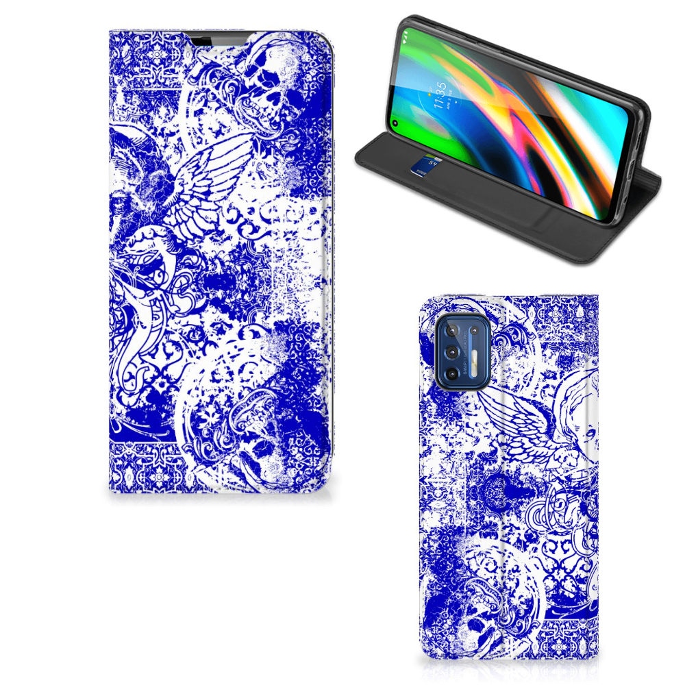 Mobiel BookCase Motorola Moto G9 Plus Angel Skull Blauw - B2C Telecom