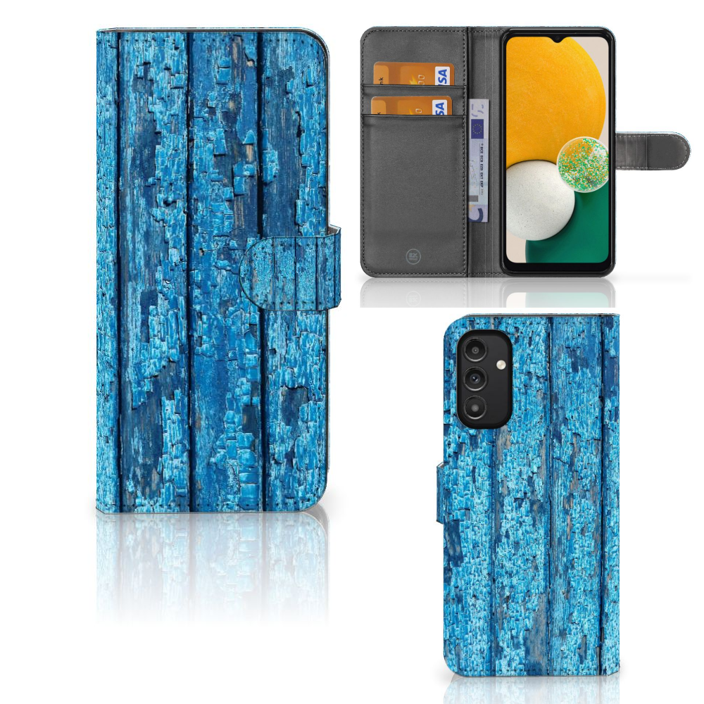 Samsung Galaxy A14 4G Book Style Case Wood Blue displaying blue wood design and card holders.