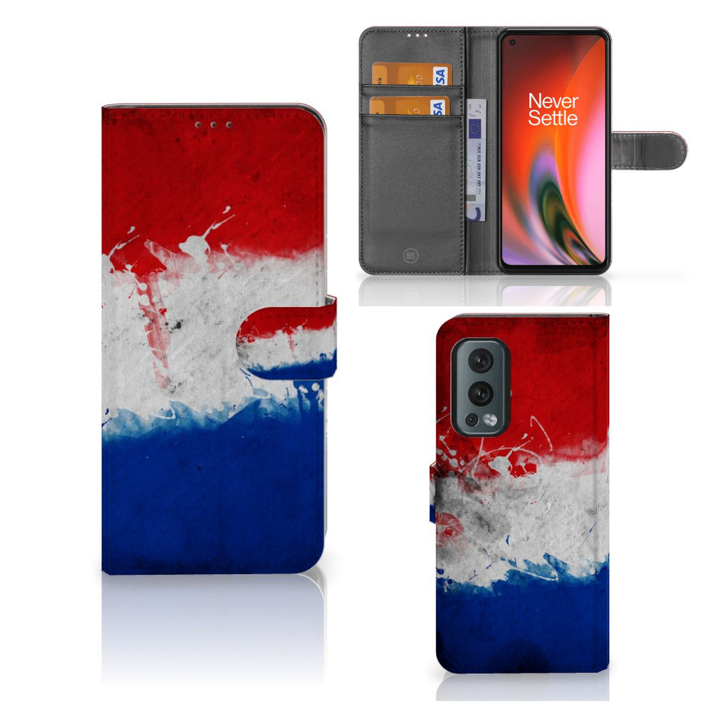 OnePlus Nord 2 5G Bookstyle Case Nederland met artistiek design van de Nederlandse vlag, binnenkant met pasjeshouder.