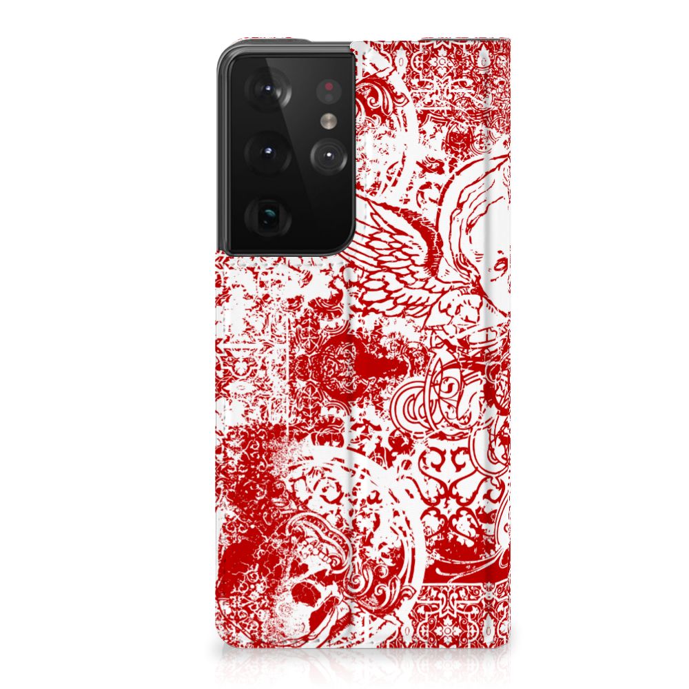 Mobiel BookCase Samsung Galaxy S21 Ultra Angel Skull Rood - B2C Telecom