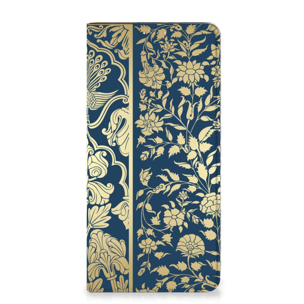 Samsung Galaxy A14 4G Smart Cover Beige Flowers with elegant floral design on dark blue background.