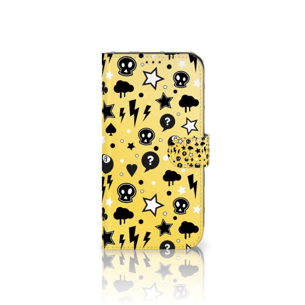 Telefoonhoesje met Naam iPhone 13 Pro Max Punk Geel met zwart-witte ontwerp van sterren en schedels.