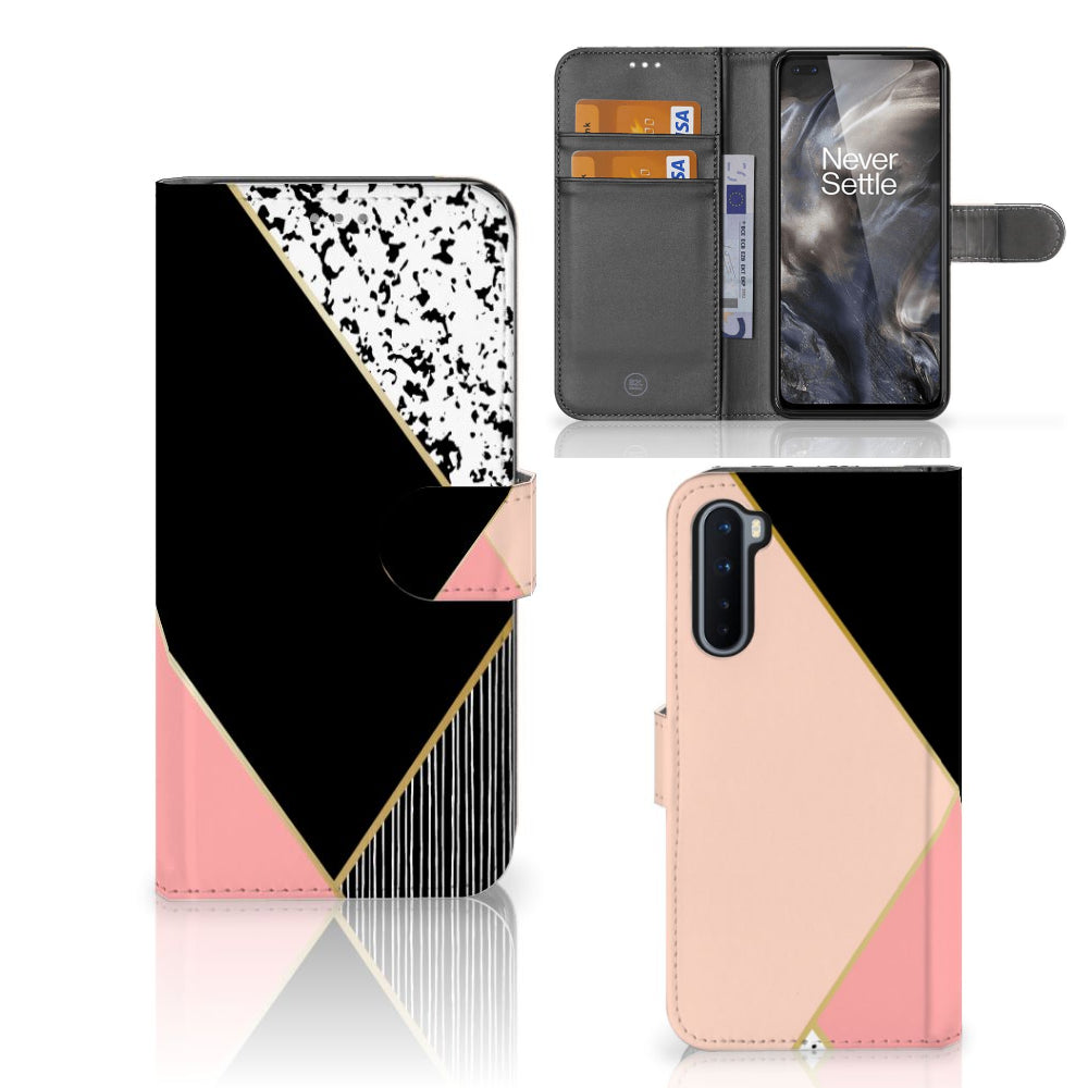 OnePlus Nord Book Case Zwart Roze Vormen