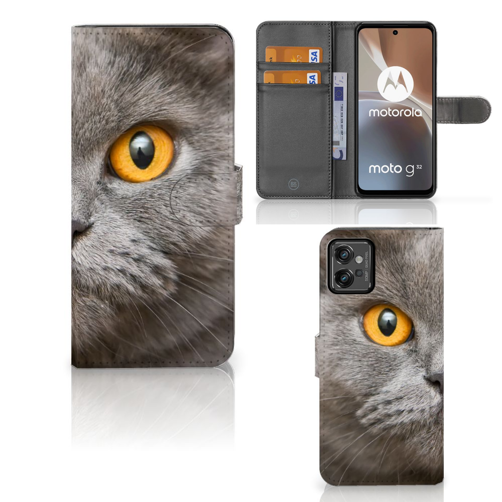 Telefoonhoesje met Pasjes Motorola Moto G32 Britse Korthaar, met afbeelding van Britse Korthaar kat.