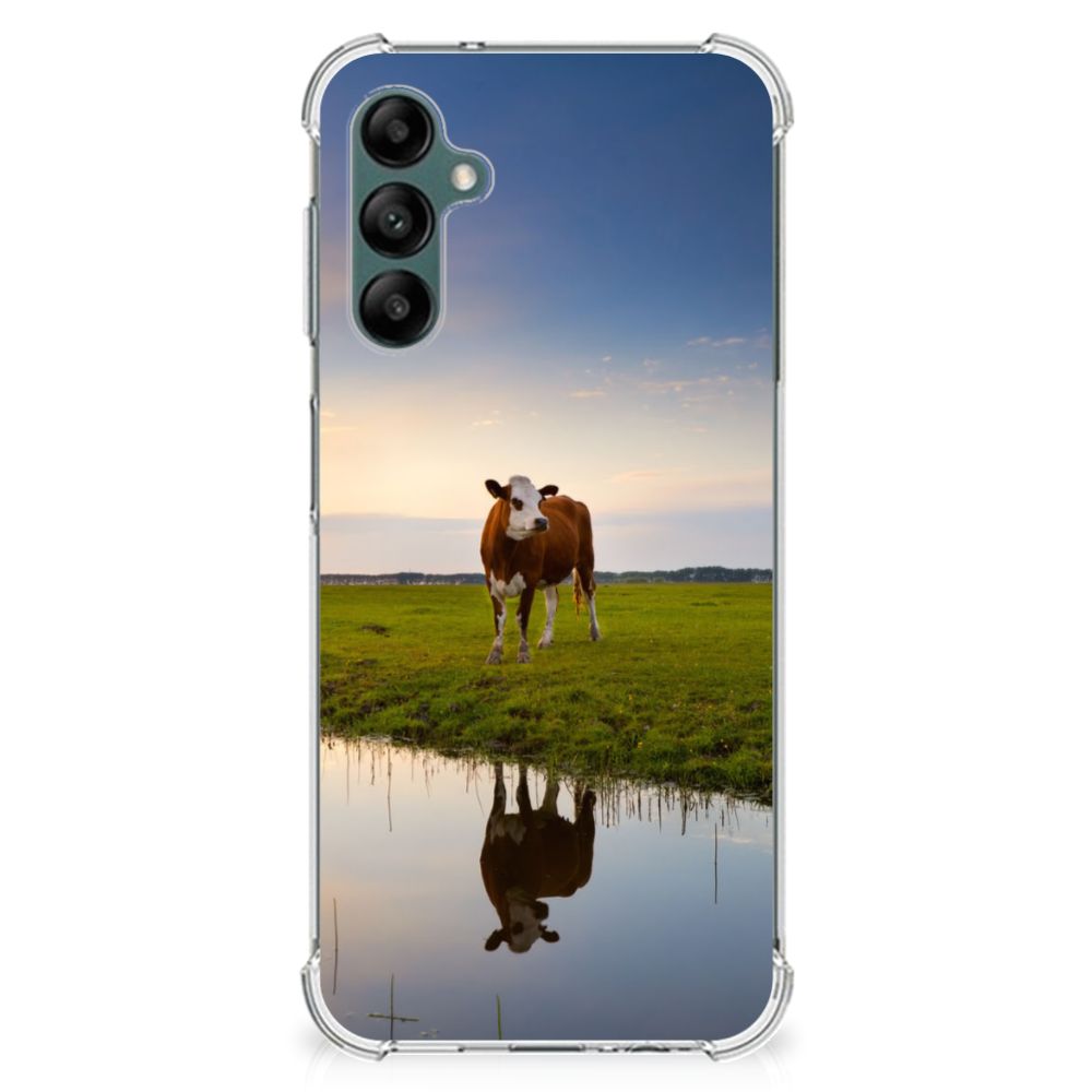 Samsung Galaxy A14 5G/4G Case Anti-shock Koe with a cow standing by a reflective pond in a green field.