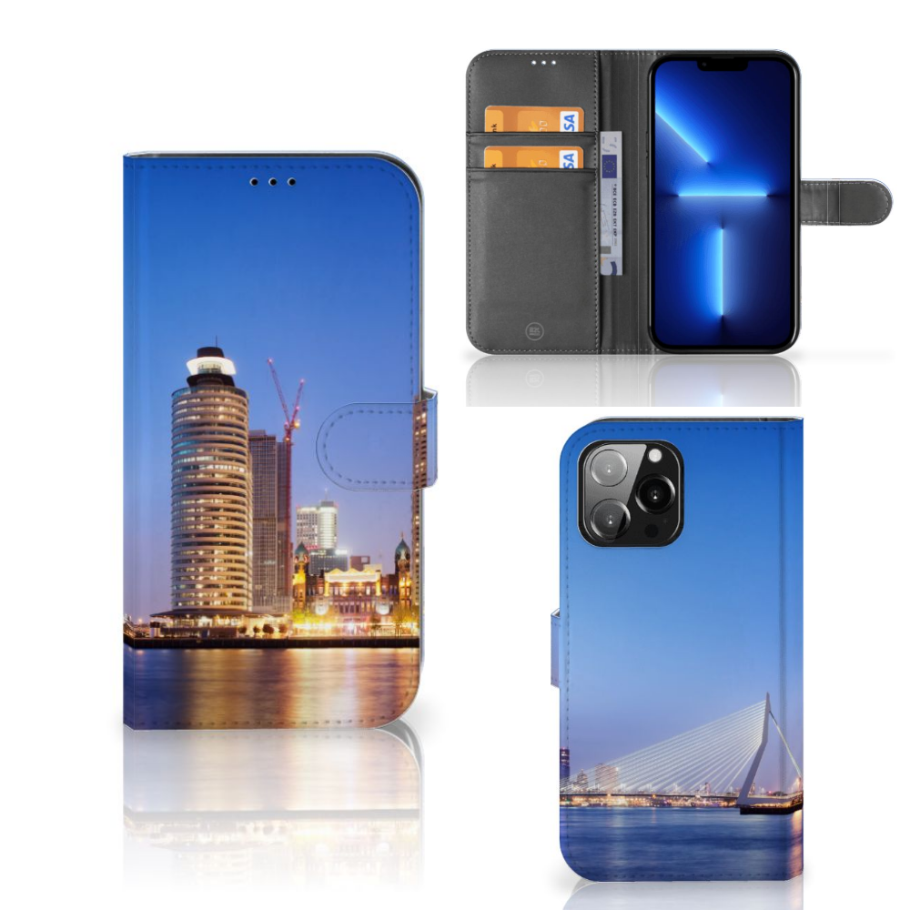 iPhone 13 Pro Max Flip Cover Rotterdam met Rotterdamse skyline in de avondlucht 🌆.
