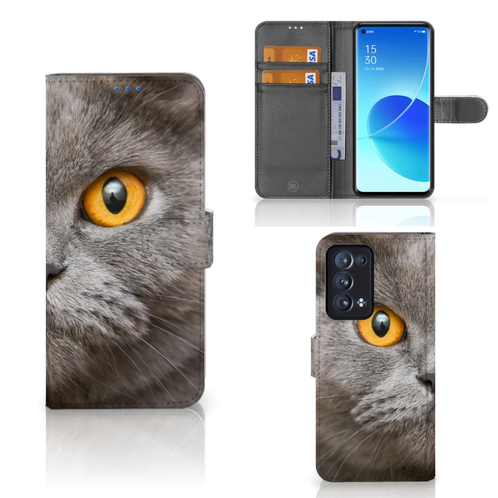 Telefoonhoesje met Pasjes OPPO Reno 6 Pro Plus 5G Britse Korthaar met een close-up van een grijze kat.
