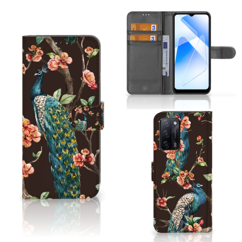 OPPO A16/A16s/A54s Telefoonhoesje met Pasjes Pauw met Bloemen