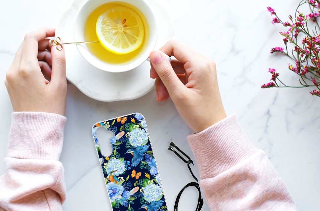 Case Anti-shock voor Samsung Galaxy A14 5G IJsvogel naast een kopje thee met citroen en bloemen.