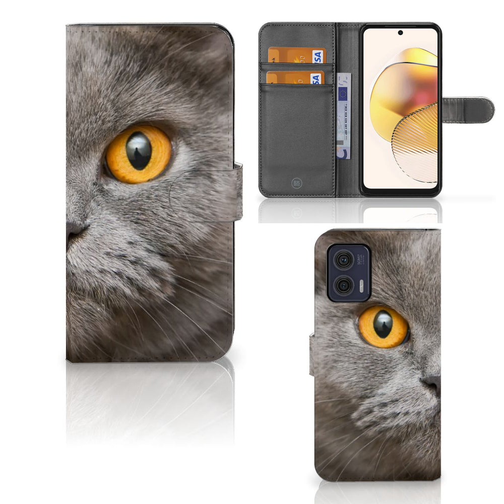 Telefoonhoesje met Pasjes Motorola Moto G73 Britse Korthaar met impactvol kattenontwerp.