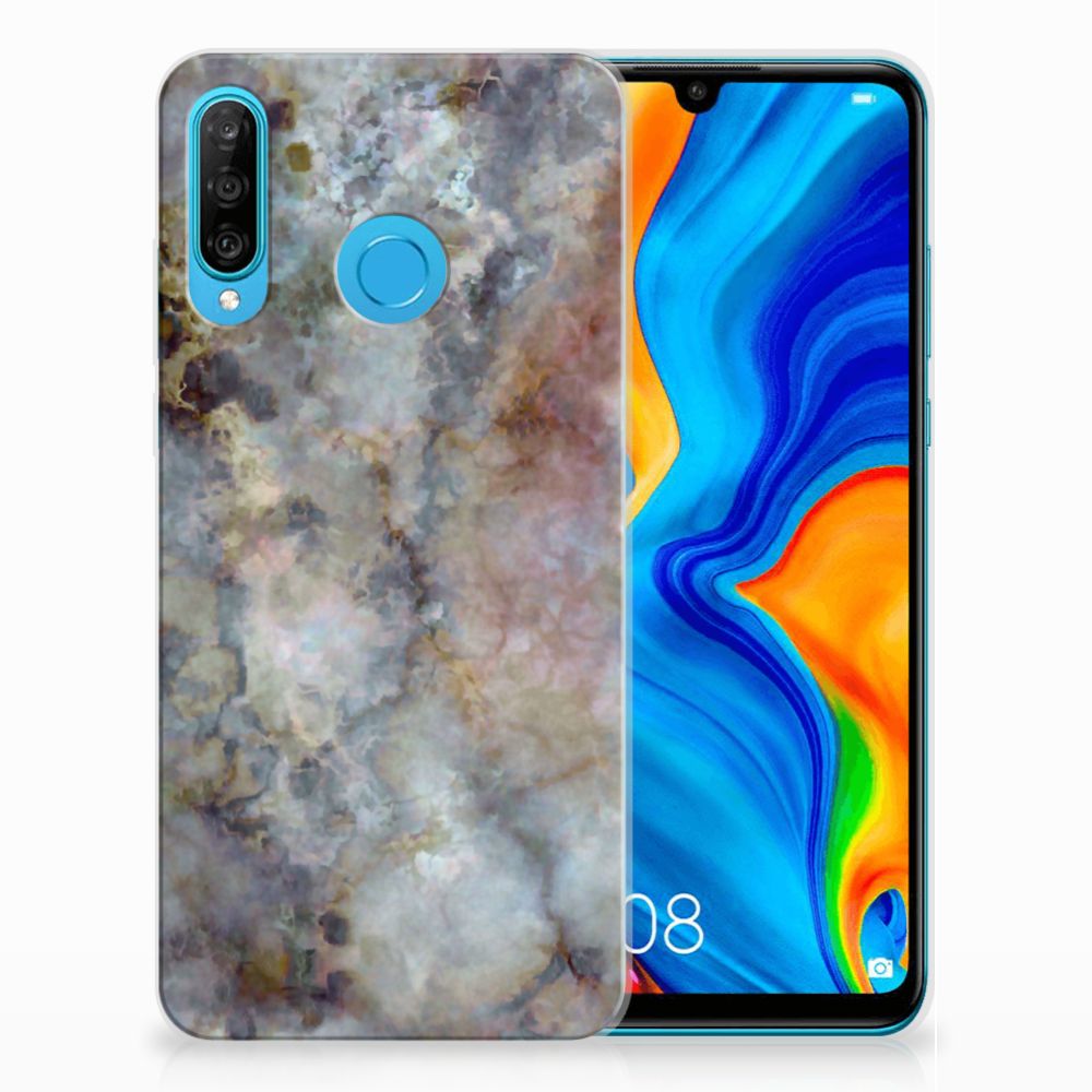 Huawei P30 Lite TPU Siliconen Hoesje Marmer Grijs