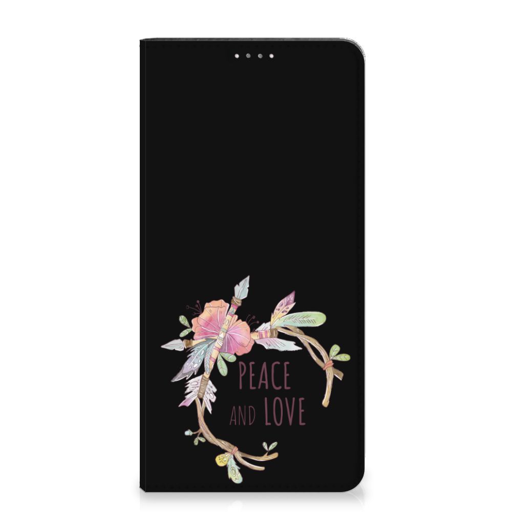 Samsung Galaxy A14 5G Magnet Case Boho Text featuring a floral design with the words 'PEACE AND LOVE'.