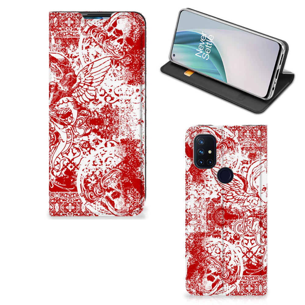 Mobiel BookCase OnePlus Nord N10 5G Angel Skull Rood