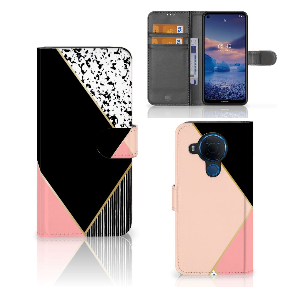 Nokia 5.4 Book Case Zwart Roze Vormen
