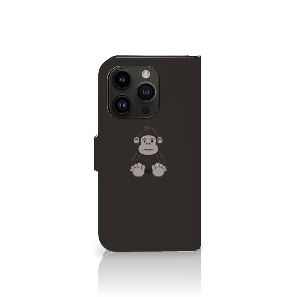 iPhone 15 Pro Leuk Hoesje Gorilla met schattige gorilla afbeelding op een zwarte achtergrond.