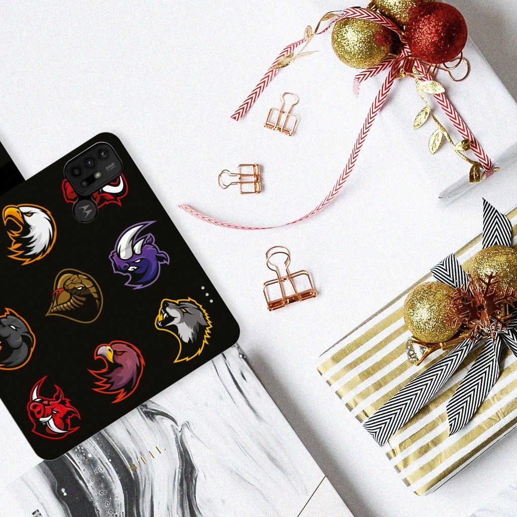 Motorola Moto G10 | G20 | G30 Leuk Hoesje Cartoon met kleurrijke cartoonafbeeldingen op zwarte achtergrond.