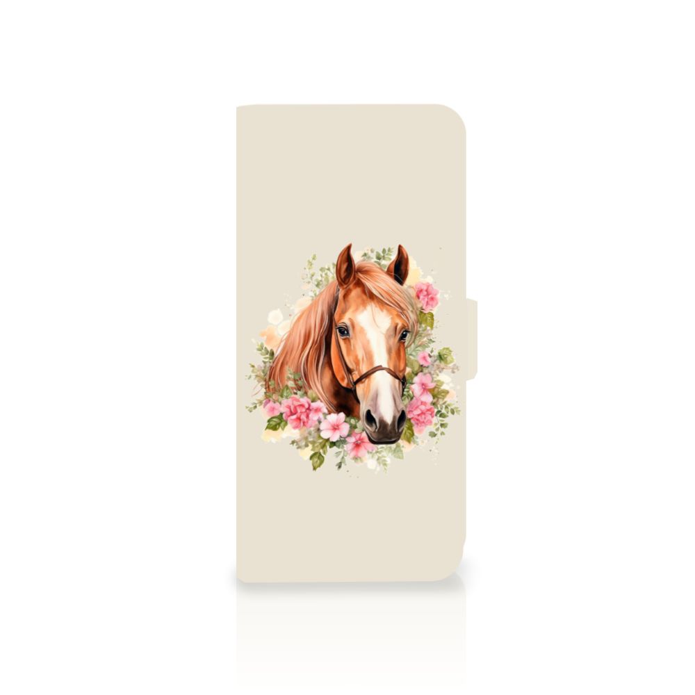 Telefoonhoesje met Pasjes voor Samsung Galaxy A14 5G Paard met paardenhoofd en bloemenprint.