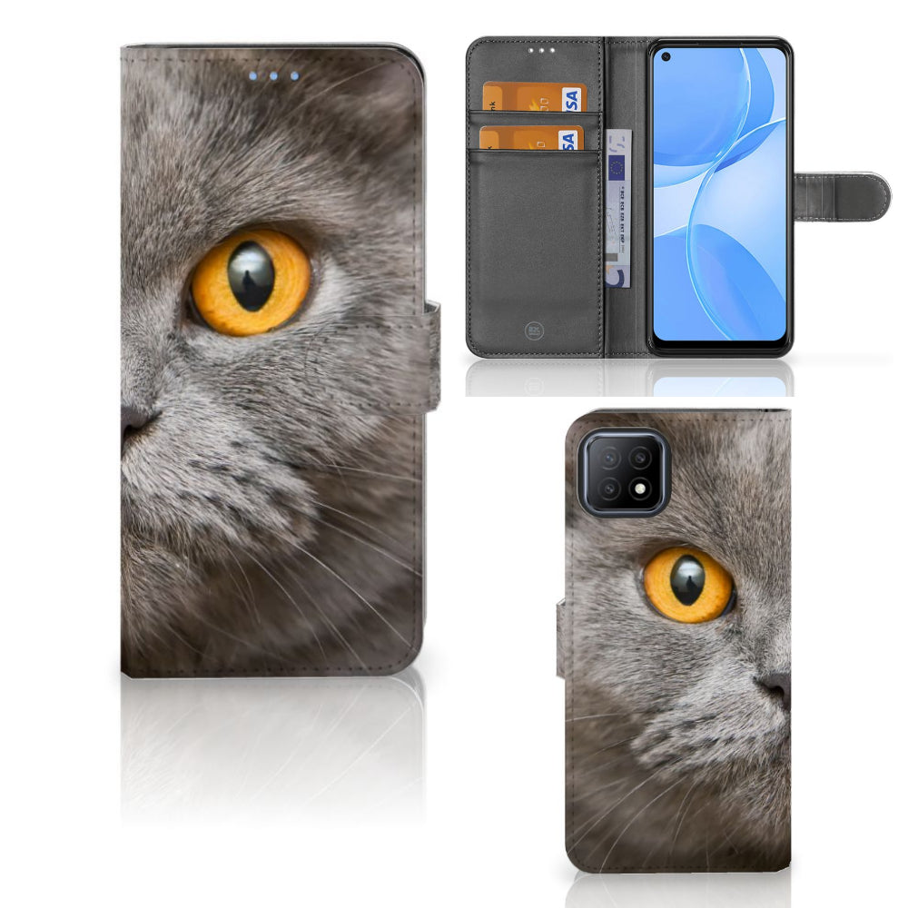 Telefoonhoesje met Pasjes OPPO A73 5G Britse Korthaar met indrukwekkend kattenontwerp.