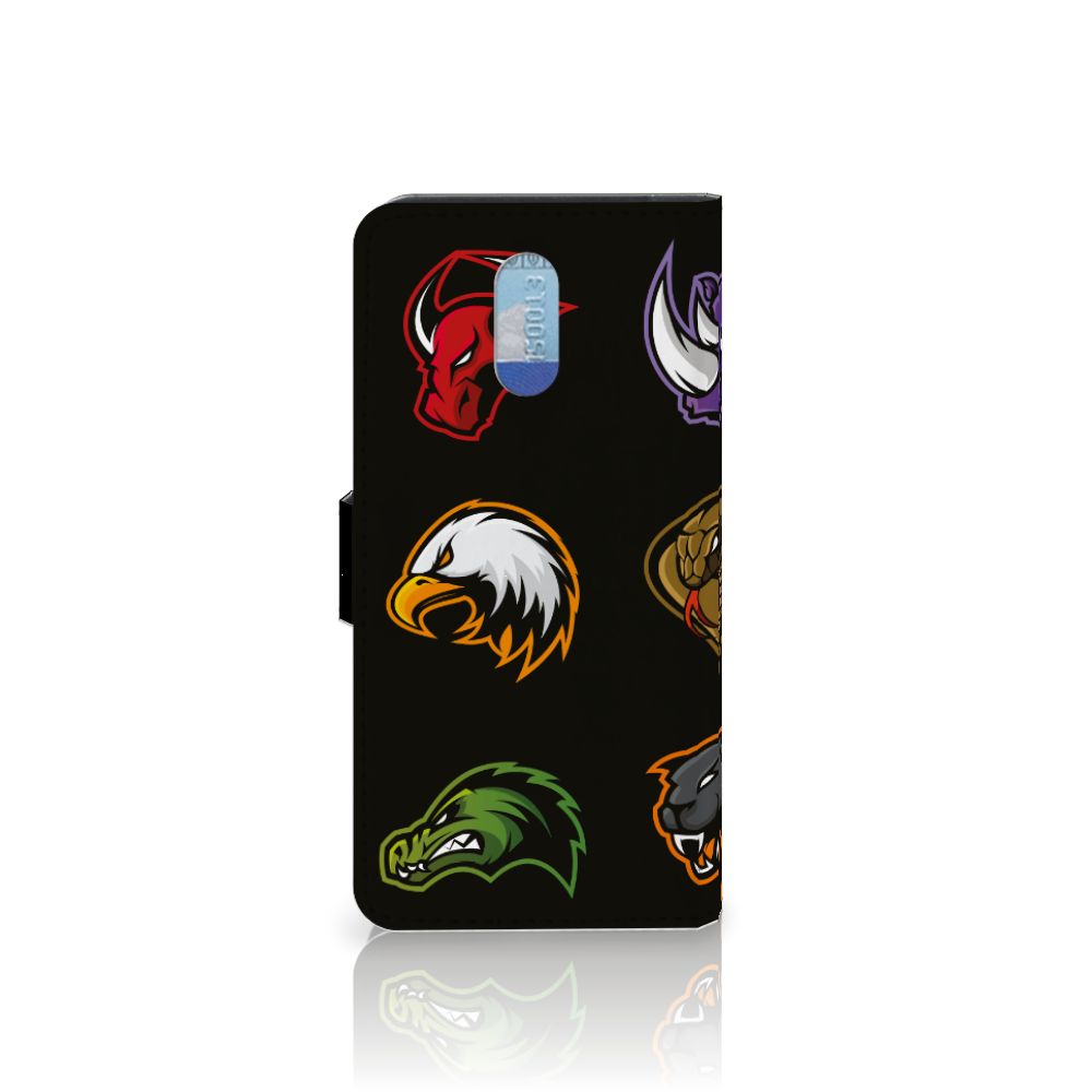 Nokia 2.3 Leuk Hoesje Cartoon met kleurrijke cartoons van dieren en monsters op een zwart oppervlak.