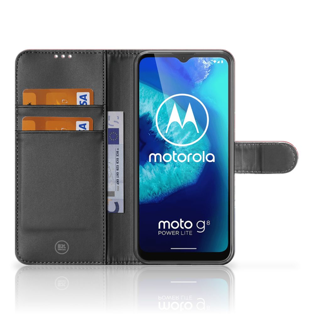 Motorola G8 Power Lite Bookstyle Case Nederland met pasjesvakken en smartphone, artistiek design.