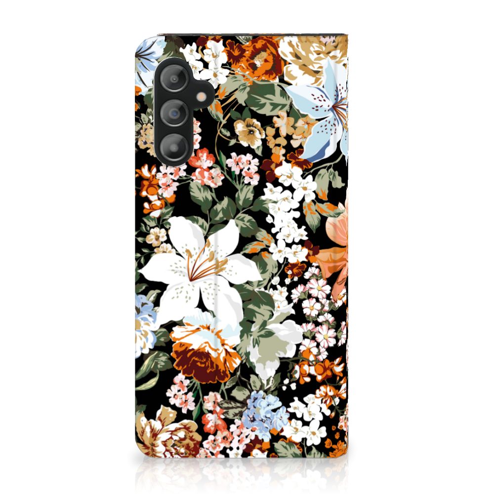 Smart Cover voor Samsung Galaxy A14 4G Dark Flowers met kleurrijk bloemenpatroon op zwarte achtergrond.