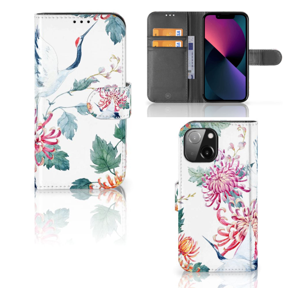 iPhone 13 Mini Telefoonhoesje met Pasjes Bird Flowers