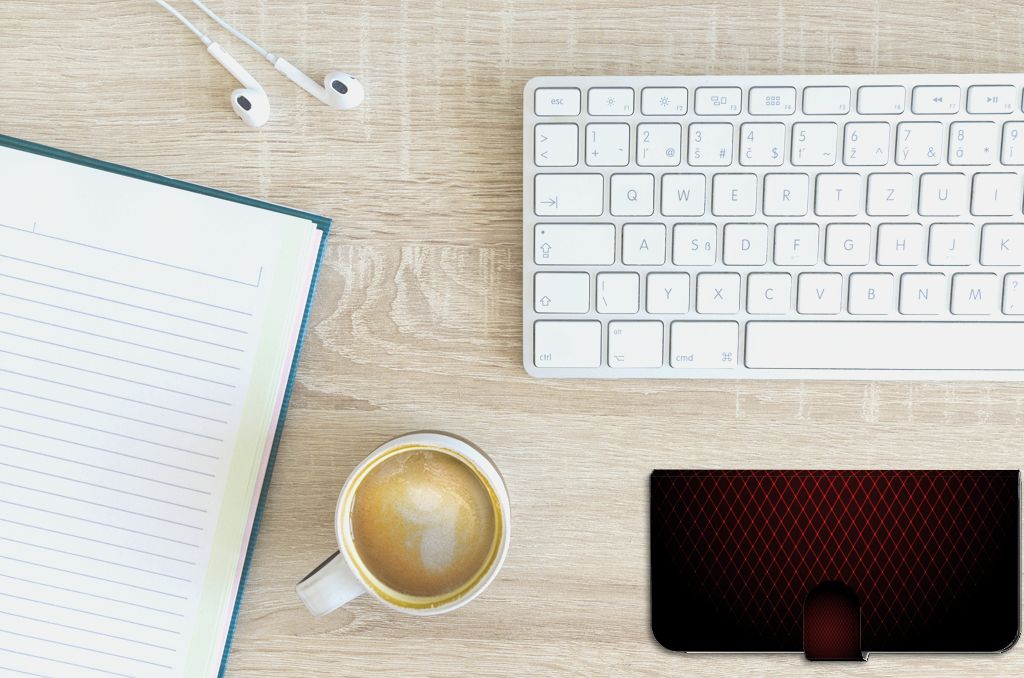 PPO A57 | A57s | A77 4G Telefoon Hoesje Geruit Rood op bureau met koffie en notitieboek