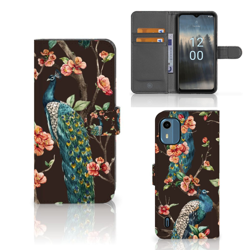 Nokia C12 Telefoonhoesje met Pasjes Pauw met Bloemen