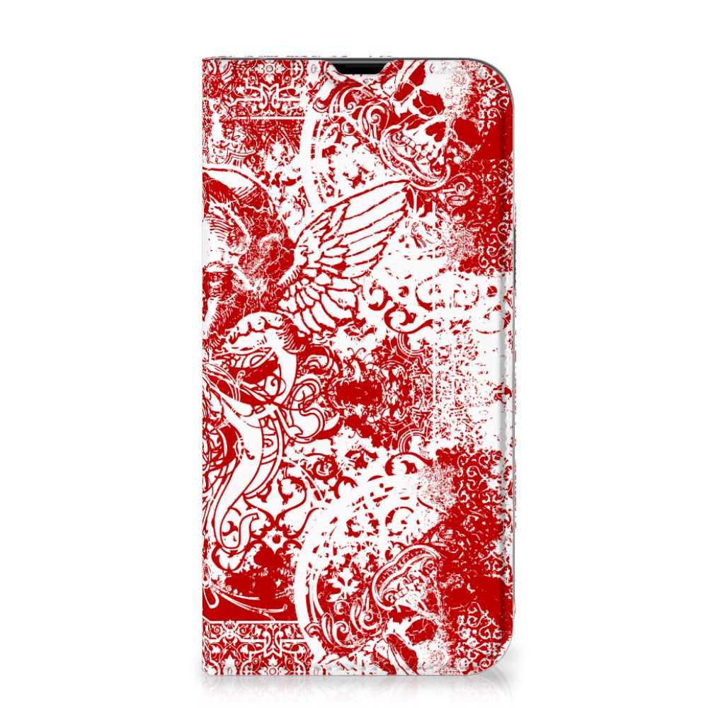 Mobiel BookCase iPhone 13 Pro Max Angel Skull Rood – opvallend ontwerp met een mysterieus bandana patroon en rode kleur.