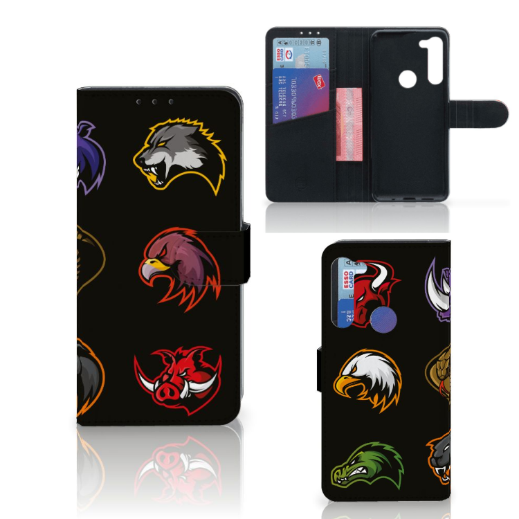 Motorola G8 Power Leuk Hoesje Cartoon met dierenprints op zwart ontwerp