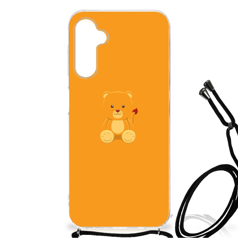 Samsung Galaxy A14 5G Stevig Bumper Hoesje Baby Beer met schattige beer op een oranje achtergrond