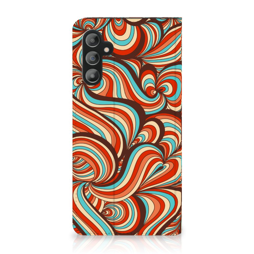 Samsung Galaxy A14 5G Bookcase Retro met kleurrijke retro print in golvende vormen.