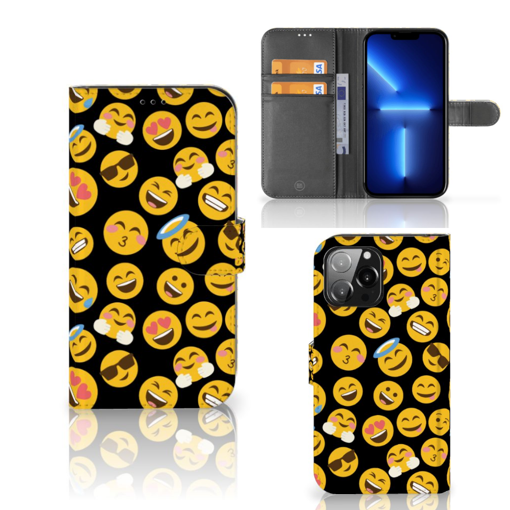 iPhone 13 Pro Max Telefoon Hoesje Emoji met kleurrijke emoji's op een zwarte achtergrond